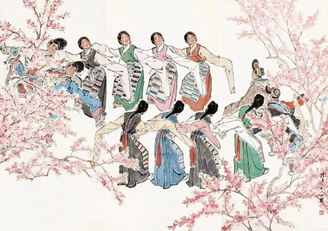 葉淺予高原之春紙本設色211cm×98cm、211cm×105cm、211cm×98cm1964年